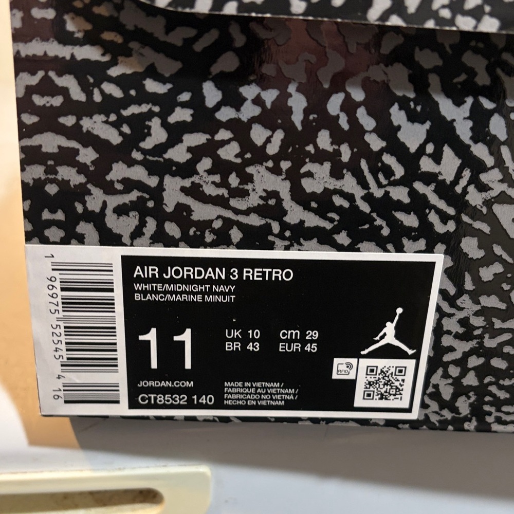 Air Jordan 3 Retro White/Midnight Navy size 11 Men’s NIB CT8532-140 - Picture 10 of 10